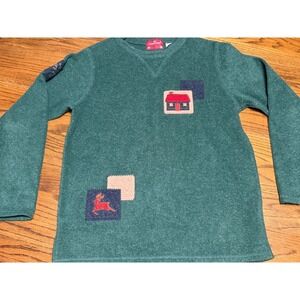 Holiday Lodge Green Fleece Pullover Cabin Reindeer Patch Top Womens Small 6-8